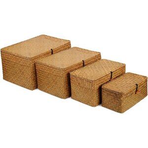 4 Pack, Wicker Baskets with Lids, Nautral Seagrass Storage Baskets, Woven